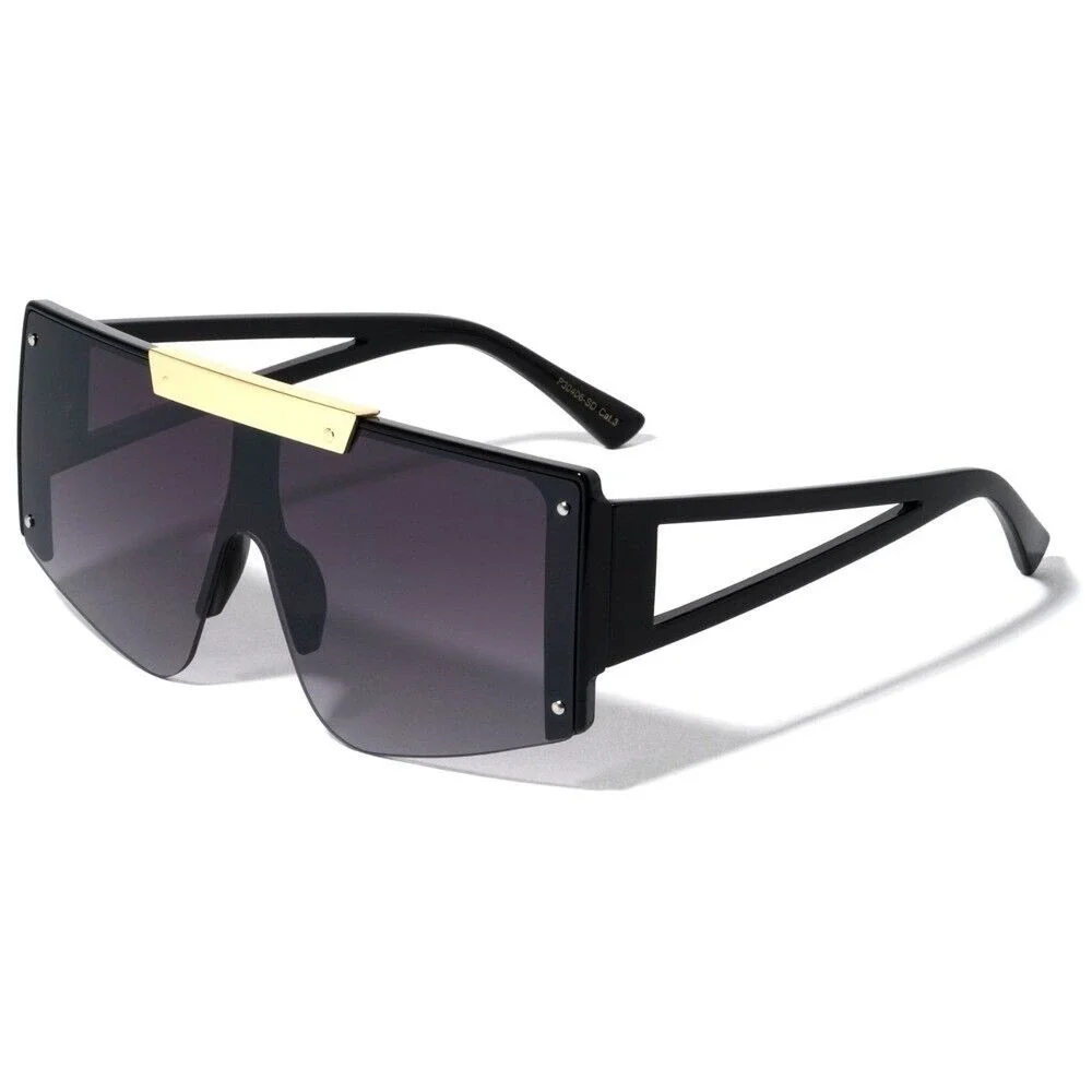 Shield Sunglasses Black Lens Flat Top Oversized Fashion‎ Shades Designer Style